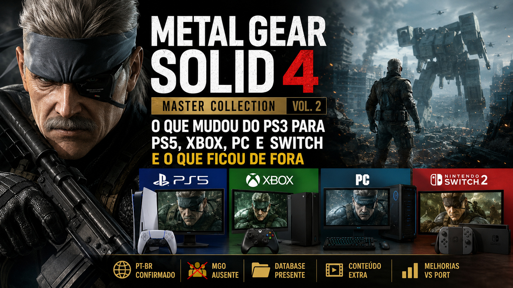 Montagem horizontal com um soldado veterano em primeiro plano, cenário de guerra e robô gigante ao fundo, título de Metal Gear Solid 4 e painéis de PS5, Xbox, PC e Switch 2.