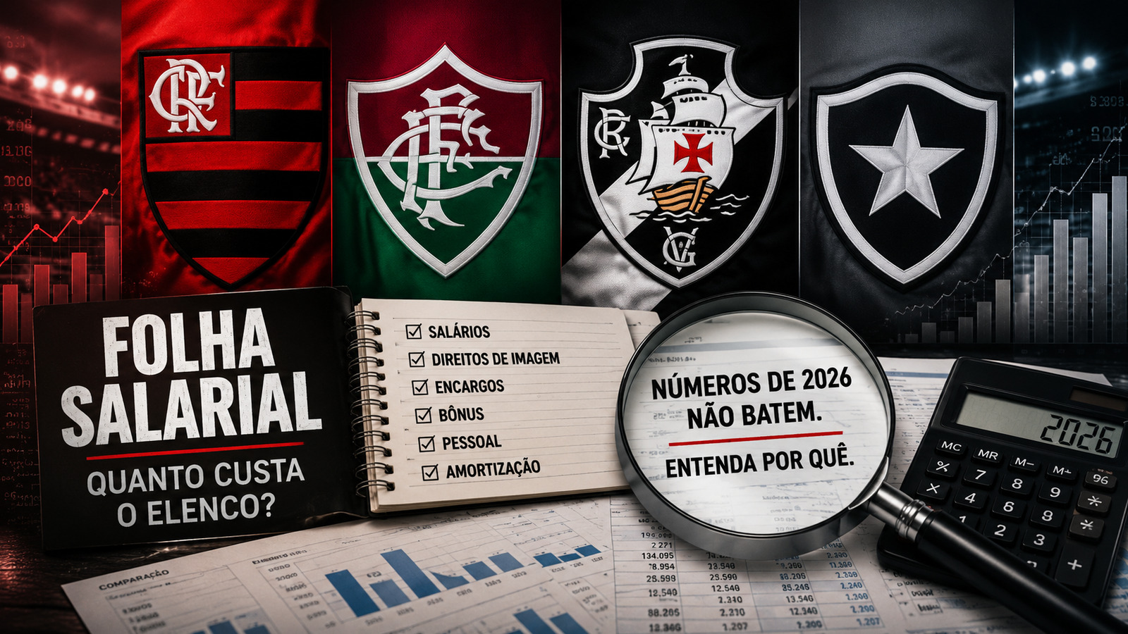 Montagem editorial com escudos estilizados de Flamengo, Fluminense, Vasco e Botafogo,