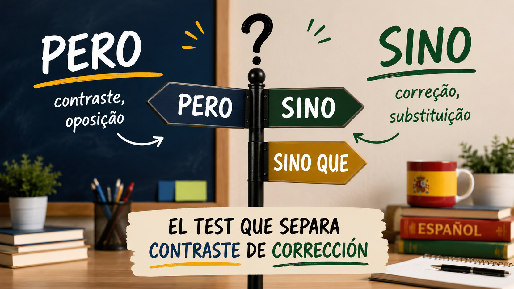 Ilustração horizontal de estudo de espanhol com placas apontando para PERO, SINO e SINO QUE, quadro dividido entre contraste e correção, livros, caderno e uma caneca com a bandeira da Espanha.