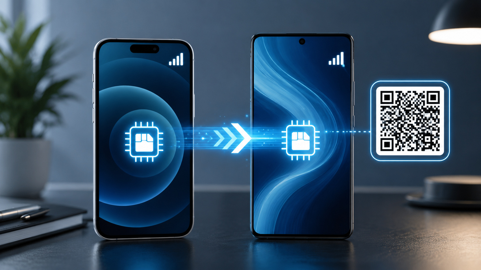Dois smartphones lado a lado com ícones de eSIM, setas de transferência e um QR Code ao lado do aparelho novo
