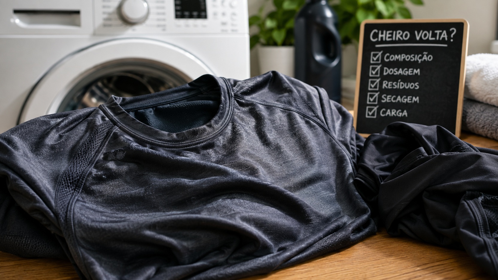 Camiseta esportiva preta e outras roupas de treino diante de uma lavadora, ao lado de um quadro com itens de revisão da lavagem.