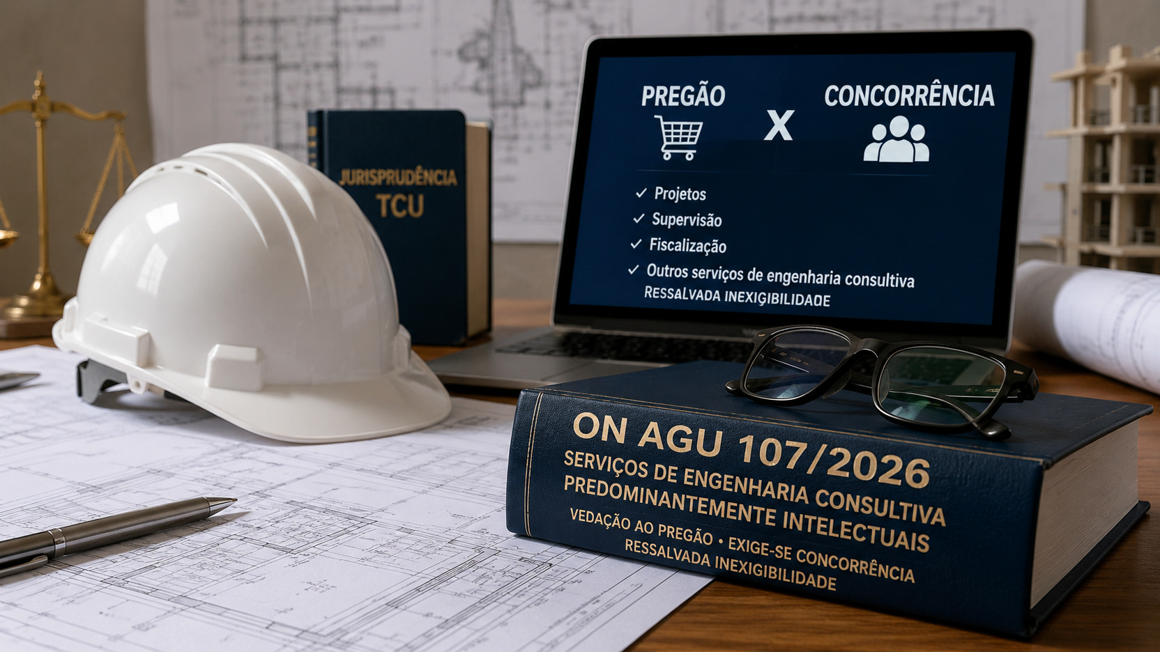 Mesa com capacete de engenharia, plantas, balança da Justiça, notebook comparando pregão e concorrência e livro da ON AGU 107/2026.