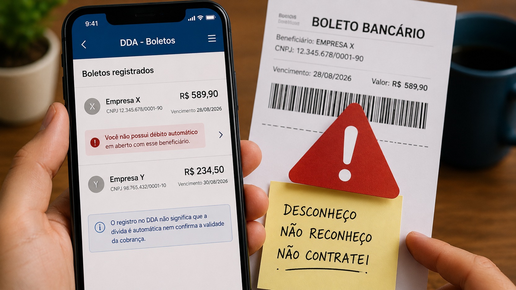 Mãos seguram celular com tela ilustrativa de boletos no DDA ao lado de boleto bancário, símbolo de alerta e bilhete indicando cobrança não reconhecida.