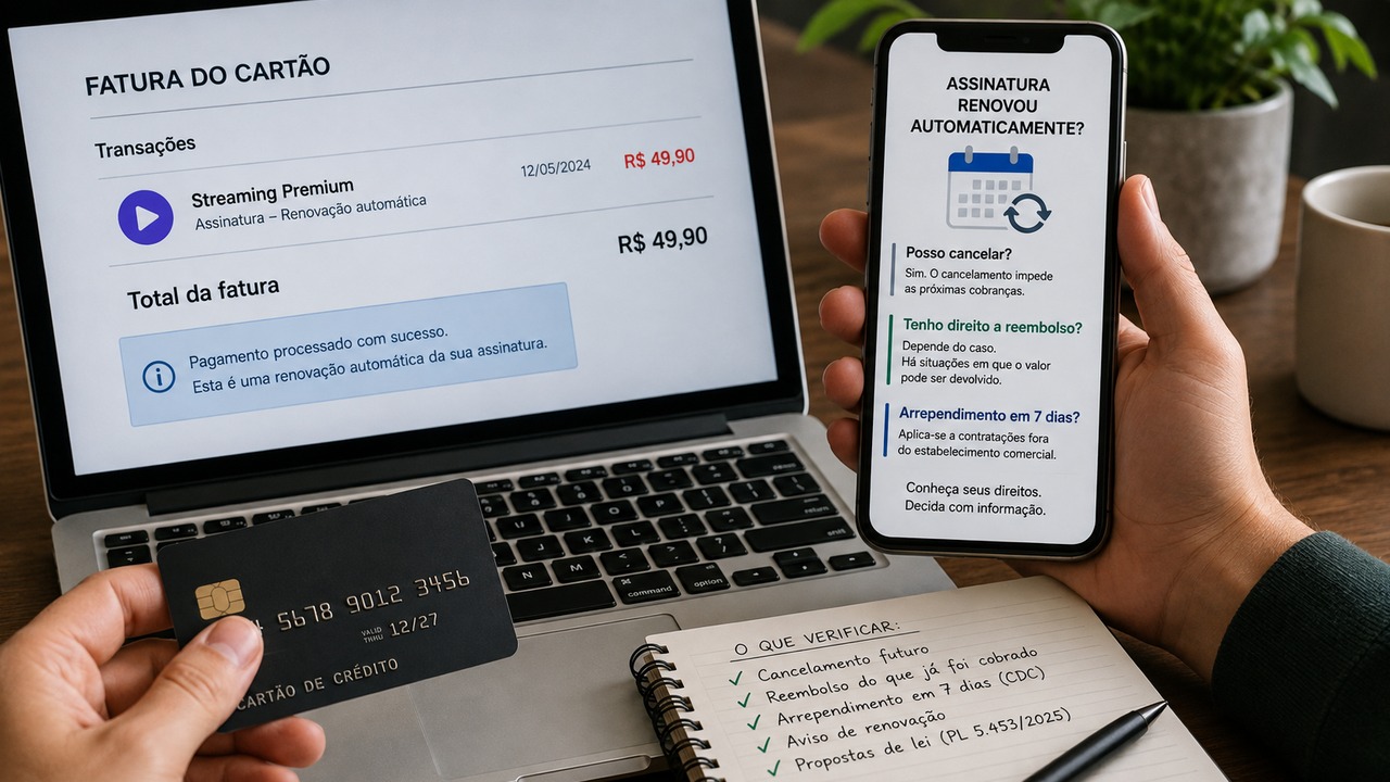 Pessoa segura celular com orientações sobre renovação automática ao lado de notebook com cobrança de assinatura no cartão e cartão de crédito sobre a mesa
