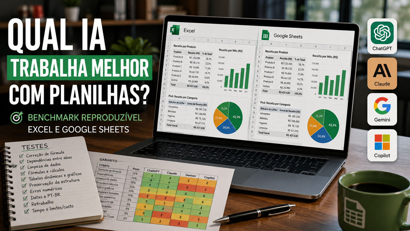 Notebook aberto em uma mesa exibindo planilhas no Excel e Google Sheets, com gráficos e tabelas; ao lado, caderno de testes, gabarito e ícones de ChatGPT, Claude, Gemini e Copilot.