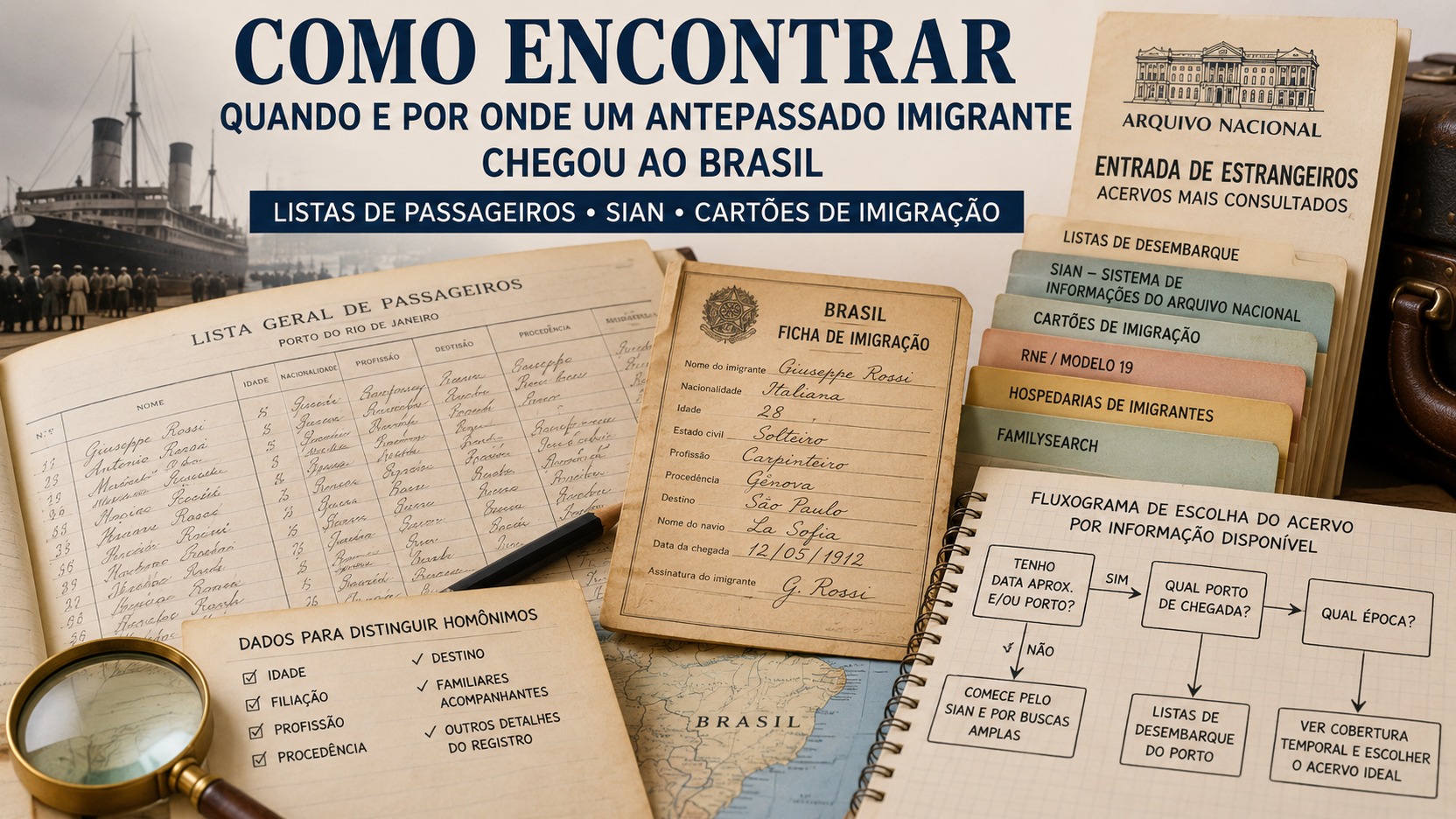 Composição editorial em estilo de arquivo histórico com lista de passageiros, ficha de imigração ilustrativa, navio, mapa do Brasil, lupa e fluxograma de pesquisa.