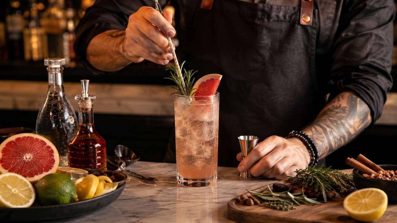 Bartender finalizando um mocktail rosado com gelo, grapefruit e alecrim, cercado por cítricos, água gaseificada, especiarias e utensílios de bar.