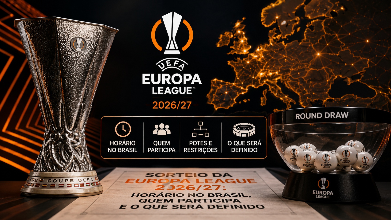 Troféu da Europa League ao lado de uma urna de sorteio, mapa da Europa e painel com informações da temporada 2026/27