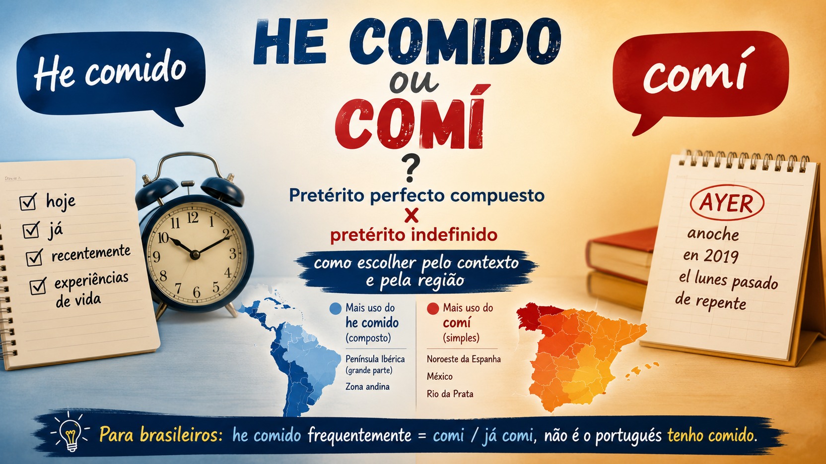 Infográfico em azul e laranja comparando “He comido” e “comí”, com balões de fala, relógio, calendários e mapas que representam diferenças de contexto e uso regional.
