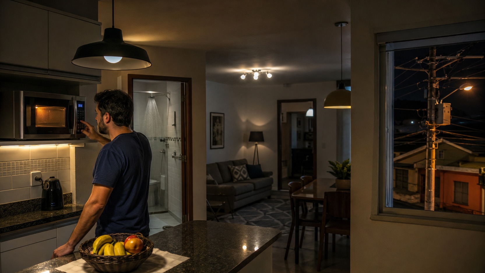 Homem aciona um micro-ondas em cozinha integrada enquanto luzes de diferentes ambientes aparecem em intensidades distintas e a rede elétrica da rua é vista pela janela