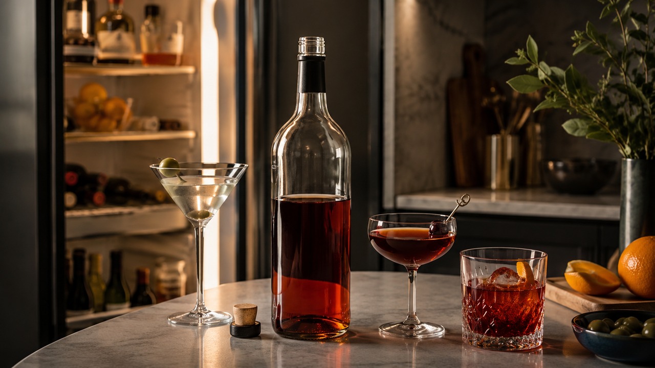 Garrafa aberta de vermute sobre bancada, ao lado de taças de Martini, Manhattan e Negroni, com geladeira aberta ao fundo.