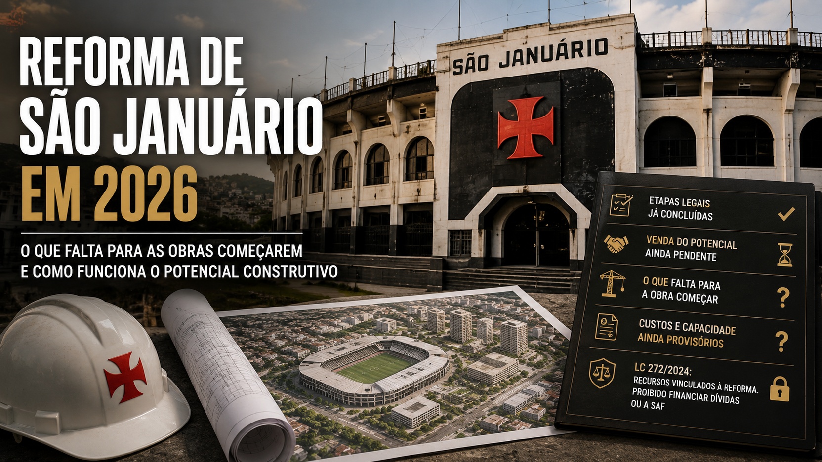 Montagem editorial com a fachada de São Januário, capacete de obra, plantas arquitetônicas e painel sobre etapas da reforma e potencial construtivo.