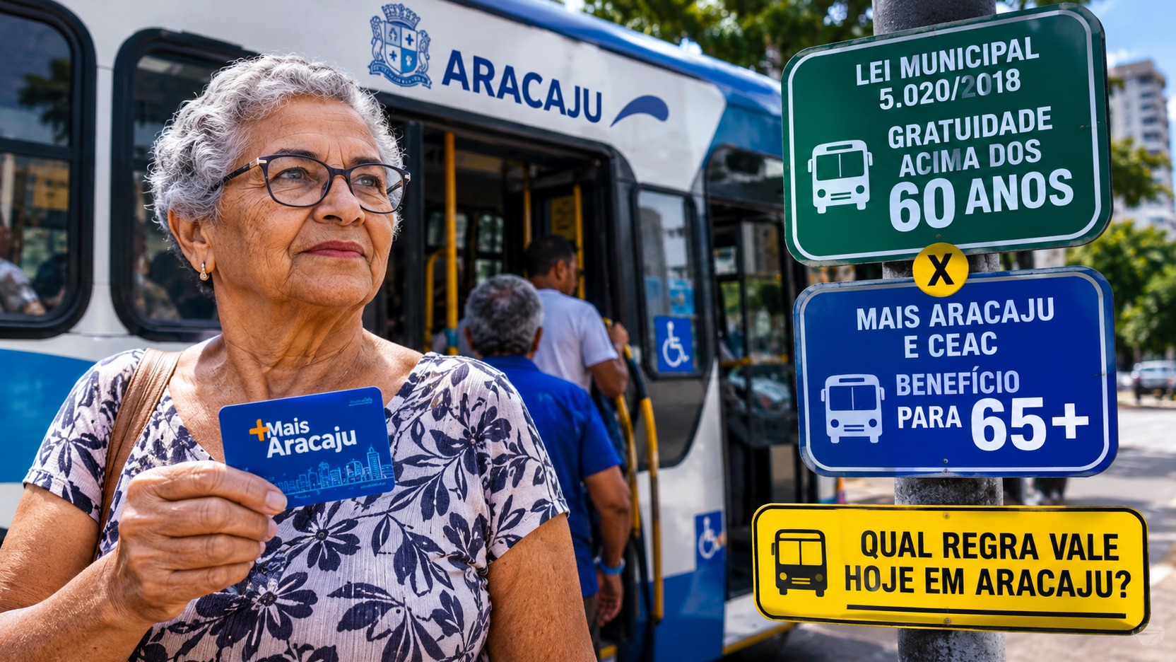Mulher idosa segura cartão Mais Aracaju diante de ônibus, ao lado de placas que contrapõem a Lei 5.020/2018, 60 anos, e o benefício operacional para 65+.