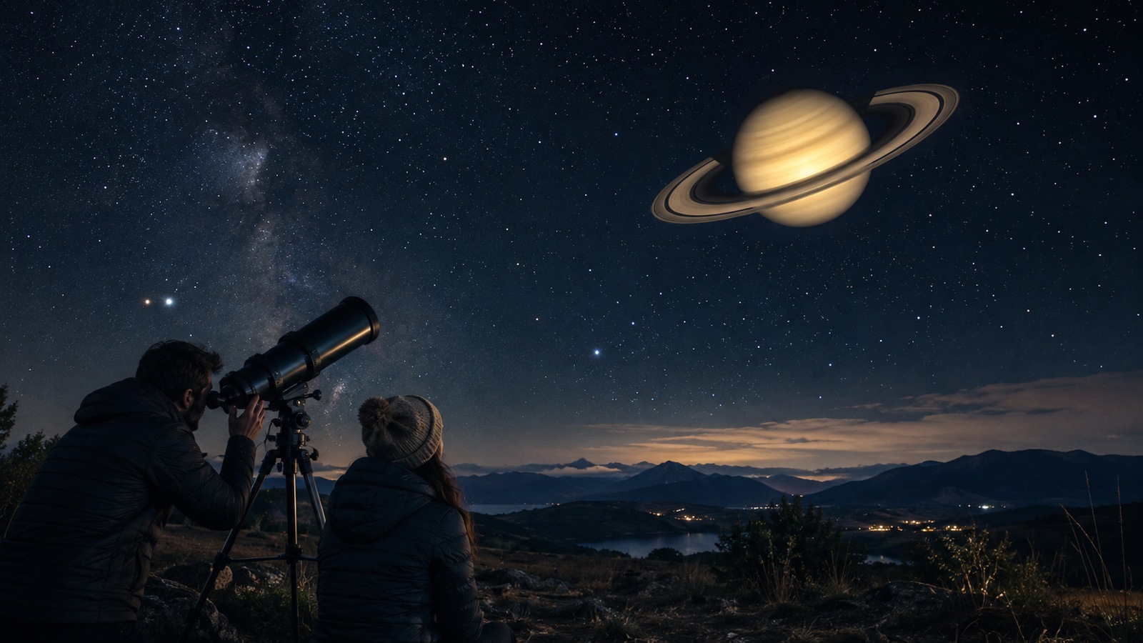 Ilustração editorial de duas pessoas usando um telescópio sob um céu estrelado, com Saturno e seus anéis em destaque sobre uma paisagem montanhosa.