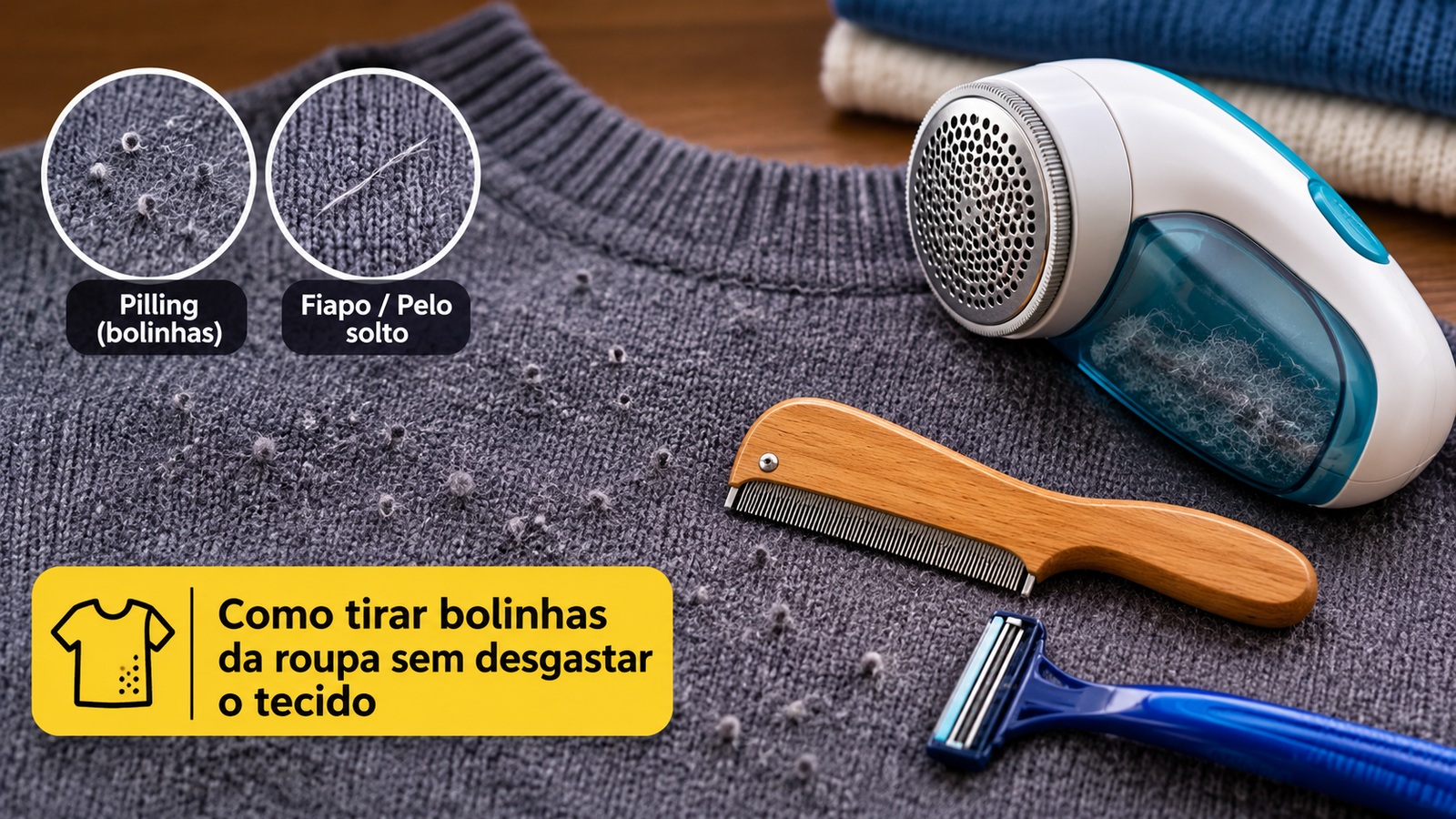Suéter cinza com bolinhas sobre uma mesa de madeira, ao lado de papa-bolinhas elétrico, pente para tecido e lâmina, com ampliações que diferenciam pilling de fiapo solto.