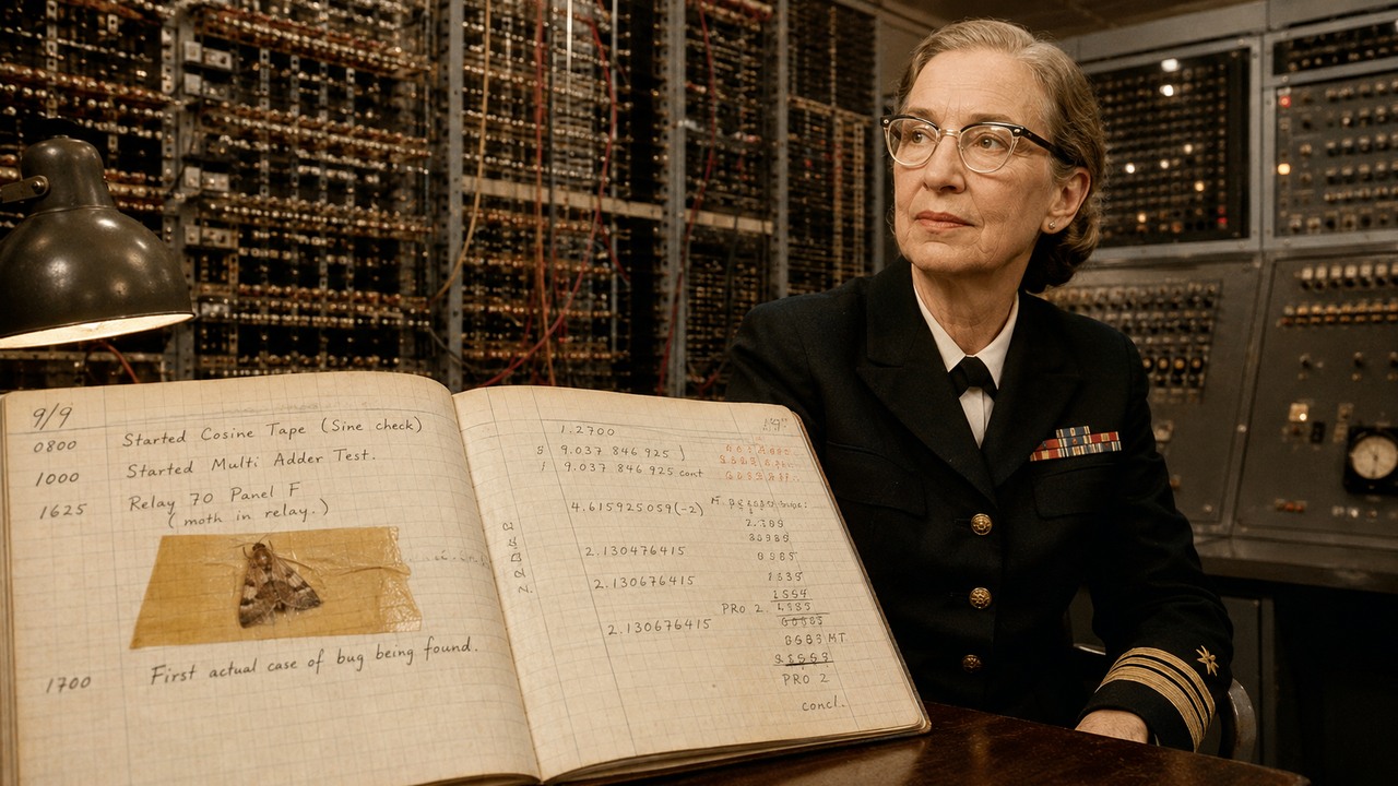 Ilustração editorial de Grace Hopper em uniforme naval ao lado de um computador de relés, com logbook aberto e uma mariposa presa por fita.
