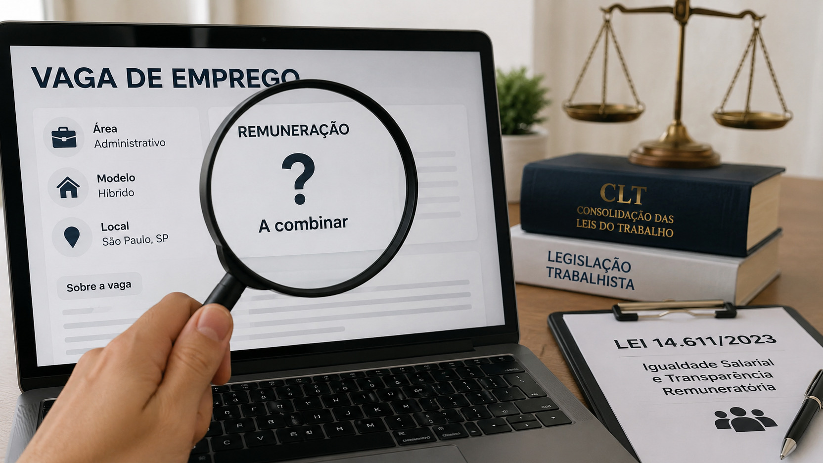 Notebook com anúncio de vaga sem salário definido observado por uma lupa, ao lado de livros de legislação trabalhista, balança da Justiça e referência à Lei 14.611/2023.