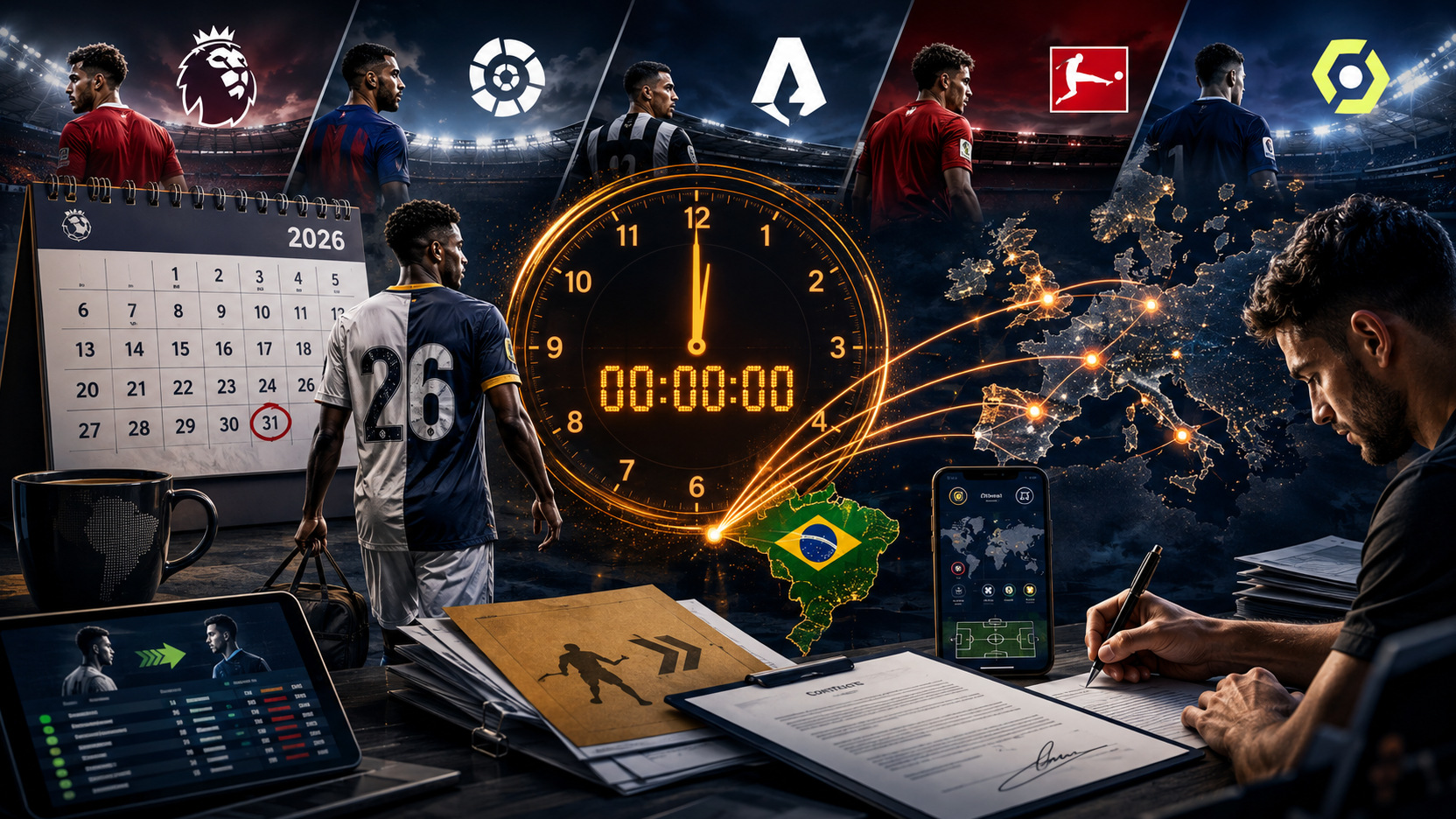 Capa editorial com relógio de contagem regressiva, calendário de 2026, mapa da Europa conectado ao Brasil, jogadores e documentos de transferência.