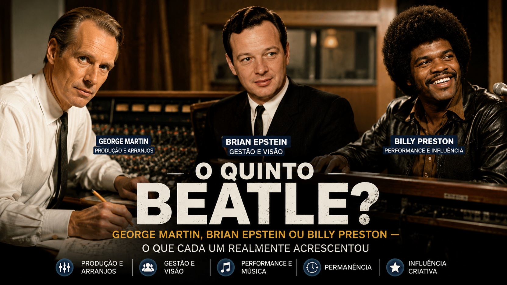 Composição horizontal em um estúdio de gravação com três homens em retratos editoriais, acompanhados por rótulos sobre produção, gestão e performance e pela pergunta "O quinto Beatle?"