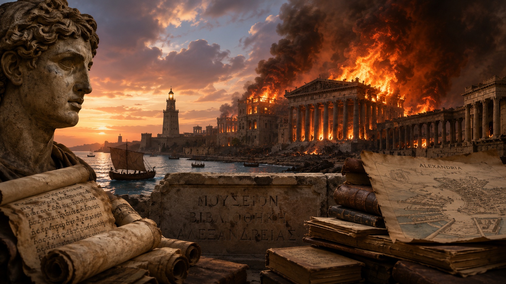 Ilustração realista de Alexandria antiga ao entardecer, com um edifício monumental em chamas junto ao porto, o farol ao fundo, busto clássico, rolos de papiro e mapa em primeiro plano.