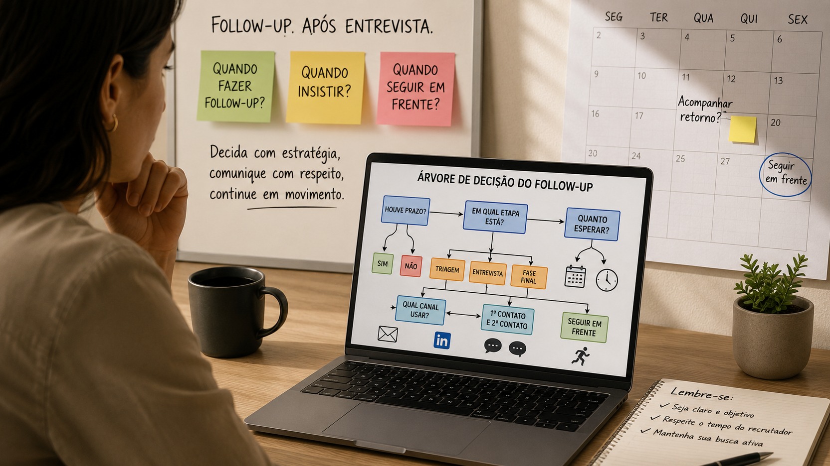 Pessoa diante de um notebook com árvore de decisão de follow-up após entrevista, calendário e anotações sobre quando esperar ou seguir em frente