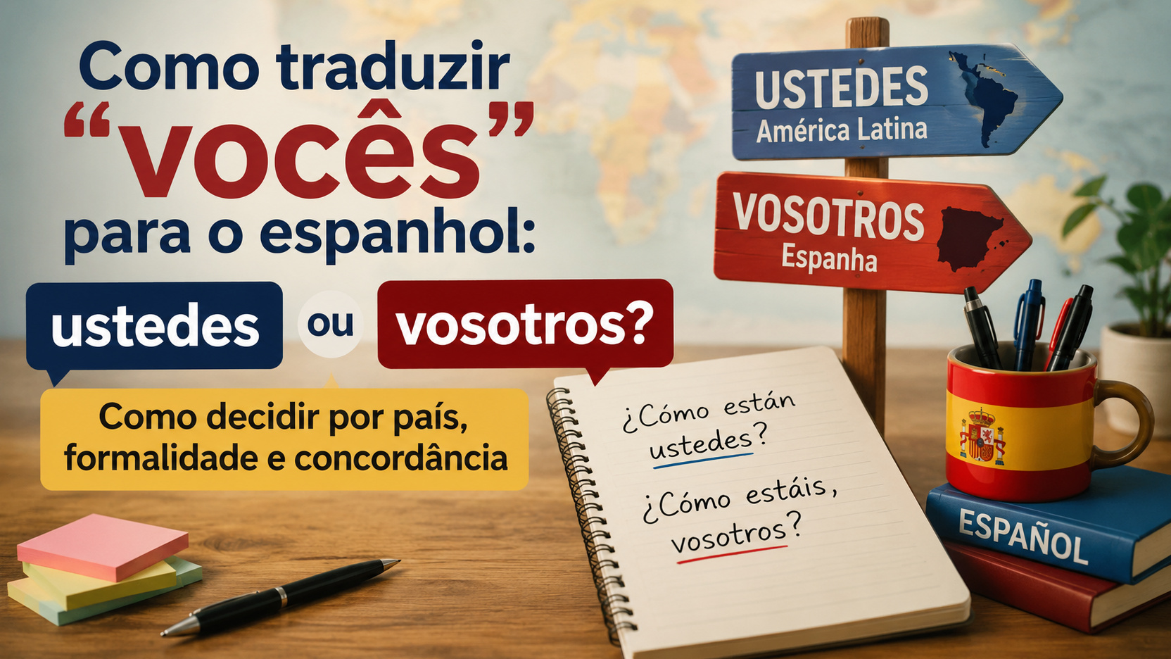 Capa didática com as palavras ustedes e vosotros em placas apontando para América Latina e Espanha, ao lado de caderno e materiais de estudo de espanhol.