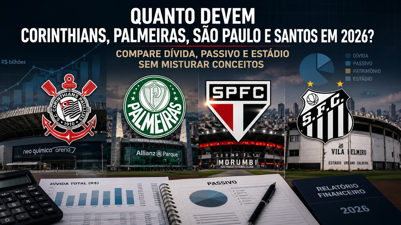 Arte editorial com escudos de Corinthians, Palmeiras, São Paulo e Santos diante de seus estádios, acompanhados de gráficos, calculadora e relatório financeiro sobre dívida e passivo.