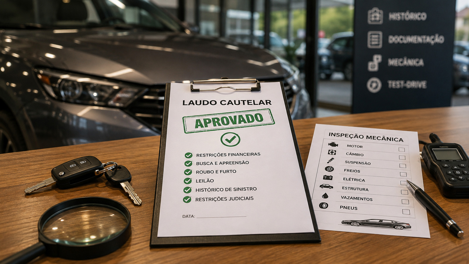 Mesa de avaliação de carro usado com laudo cautelar marcado como aprovado, checklist de inspeção mecânica, chaves, scanner e veículo ao fundo.