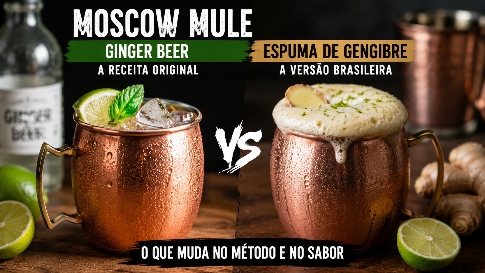 Comparação lado a lado de duas canecas de cobre de Moscow Mule, uma com limão e gelo para a versão com ginger beer e outra coberta por espuma de gengibre, sobre balcão de madeira.
