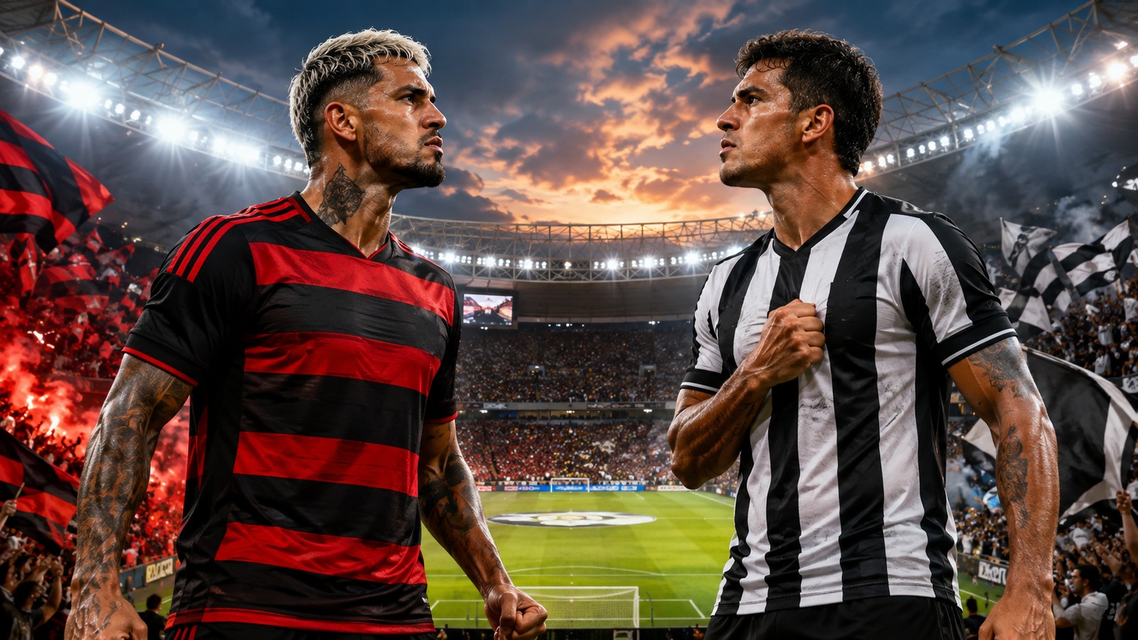 Dois jogadores em uniformes genéricos vermelho e preto e preto e branco se encaram diante de um estádio lotado, com torcidas dos dois lados.