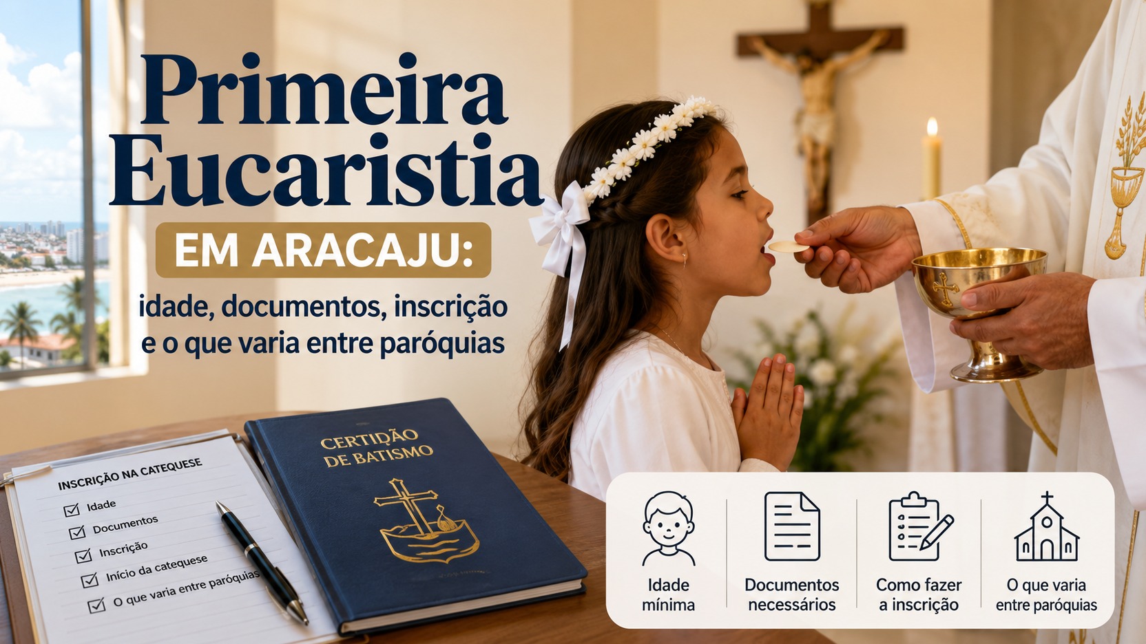 Menina vestida de branco recebe a Eucaristia de um sacerdote em uma igreja, com certidão de Batismo e ficha de inscrição da catequese em primeiro plano.