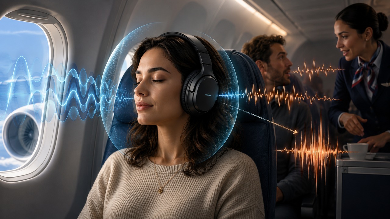Passageira em cabine de avião usa fones over-ear, com ondas azuis simbolizando o ronco contínuo e ondas laranjas representando vozes e sons repentinos.