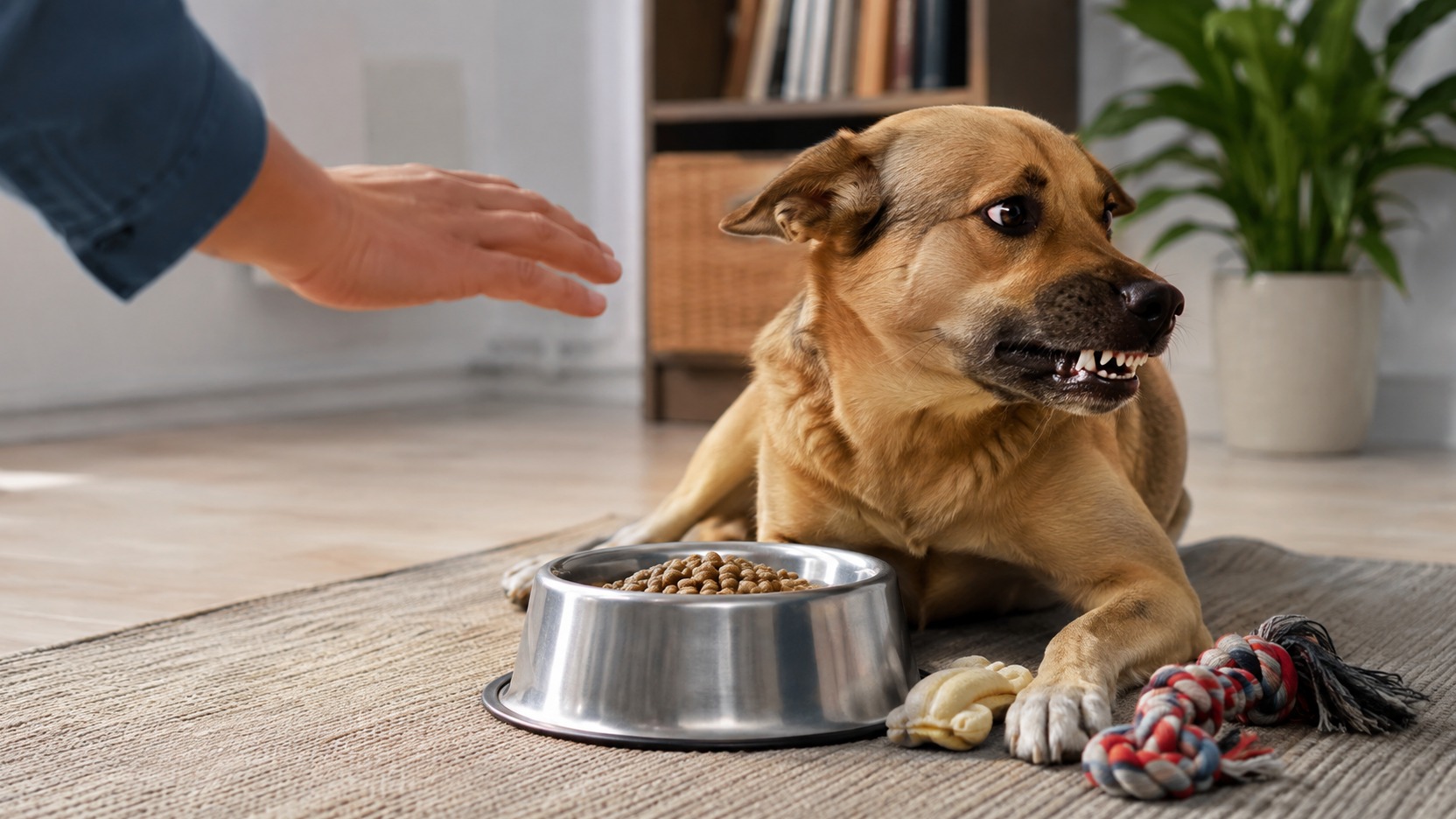 Cão marrom deitado ao lado de uma tigela com ração e brinquedos, mostrando os dentes enquanto uma mão se aproxima.