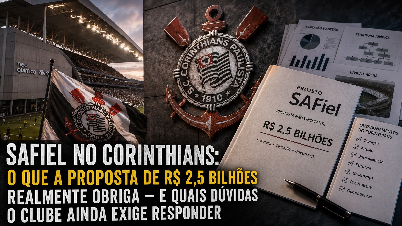 Montagem horizontal com estádio do Corinthians, bandeira e escudo alvinegros, pasta do projeto SAFiel com R$ 2,5 bilhões e documentos sobre captação, estrutura e dívida da Arena.
