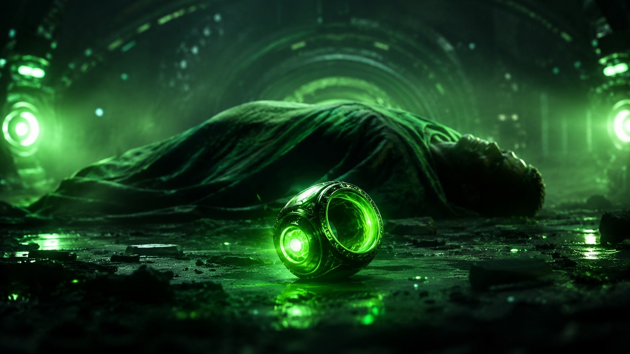 Anel verde brilhante em primeiro plano sobre piso escuro, com um corpo humano caído e coberto por tecido ao fundo em uma câmara futurista iluminada por luz esmeralda