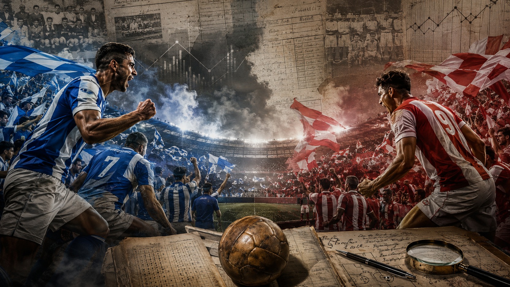 Composição editorial de estádio dividido entre torcidas azul e branca e vermelha e branca, com jogadores em confronto, bola antiga, planilhas, fotos de arquivo e lupa.