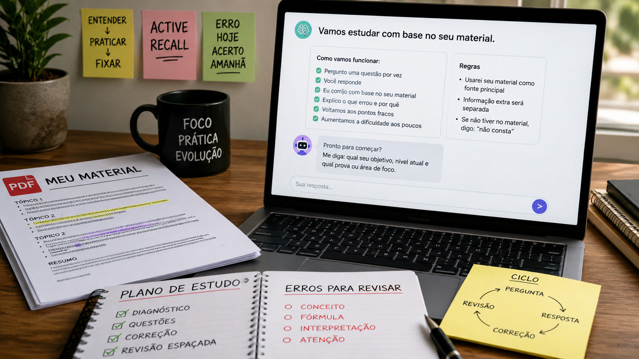 Mesa de estudos com notebook exibindo uma sessão interativa baseada em material enviado, PDF impresso, caderno de revisão e anotações sobre active recall.
