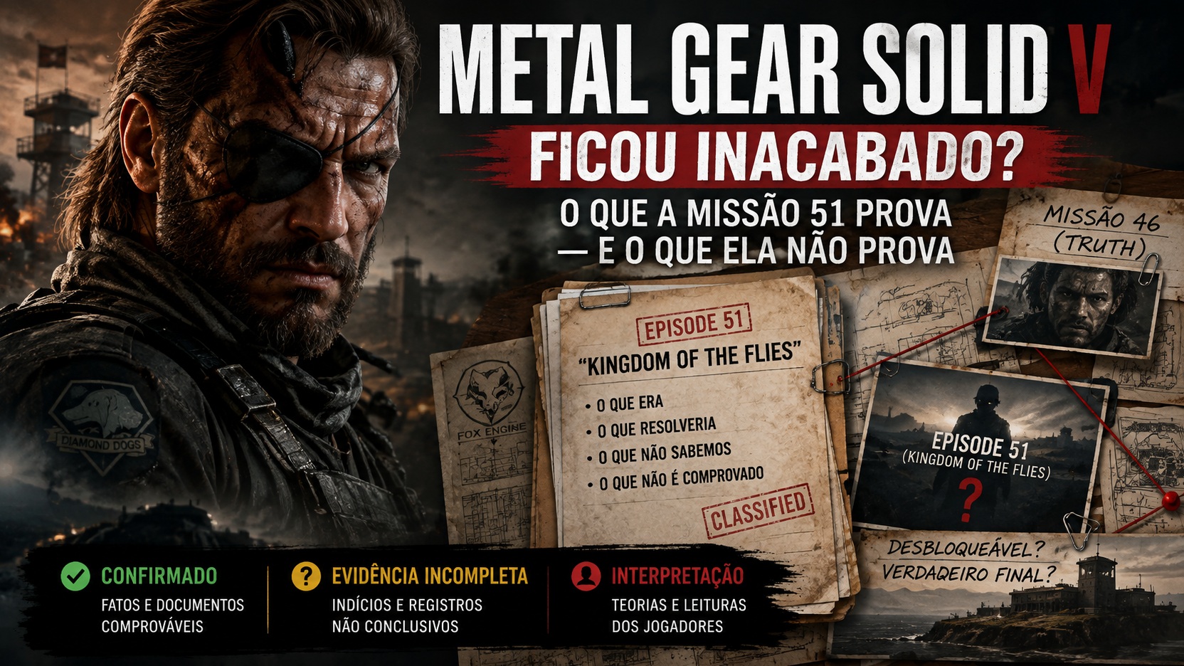 Capa ilustrada com soldado barbudo de tapa-olho à esquerda e um dossiê investigativo sobre a Episode 51: Kingdom of the Flies à direita.