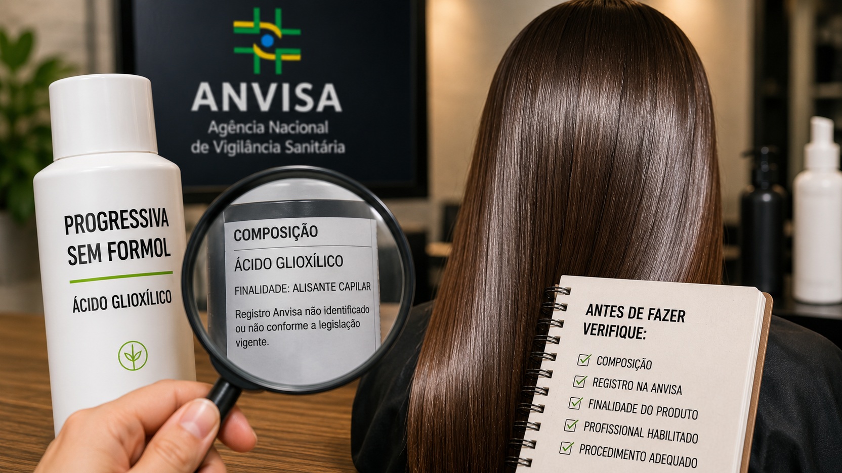 Cena editorial em salão com frasco de progressiva sem formol, rótulo destacando ácido glioxílico, lupa, cabelo alisado e referência visual à Anvisa.