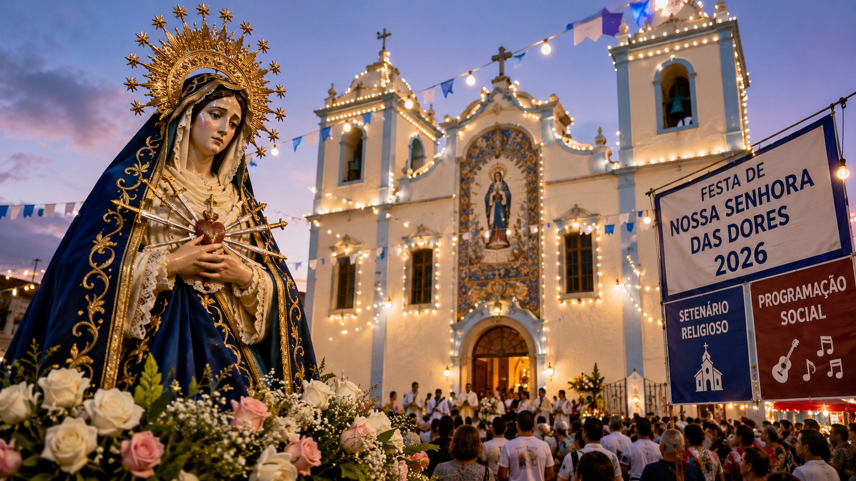 Ilustração editorial com imagem de Nossa Senhora das Dores diante de igreja iluminada e público, ao lado de placas sobre setenário religioso e programação social de 2026.