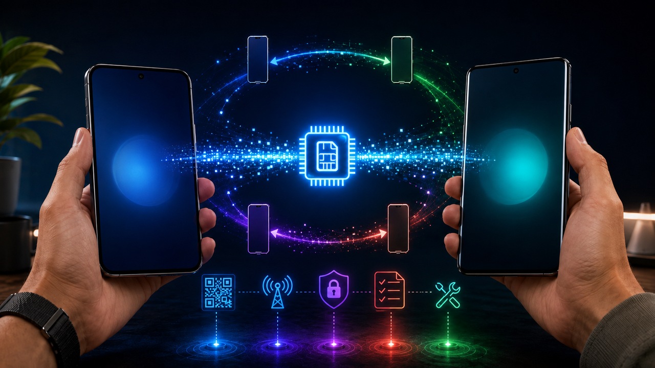 Duas mãos segurando smartphones frente a frente, com um chip SIM digital ao centro, setas luminosas de transferência e ícones de QR Code, rede, segurança e configuração.