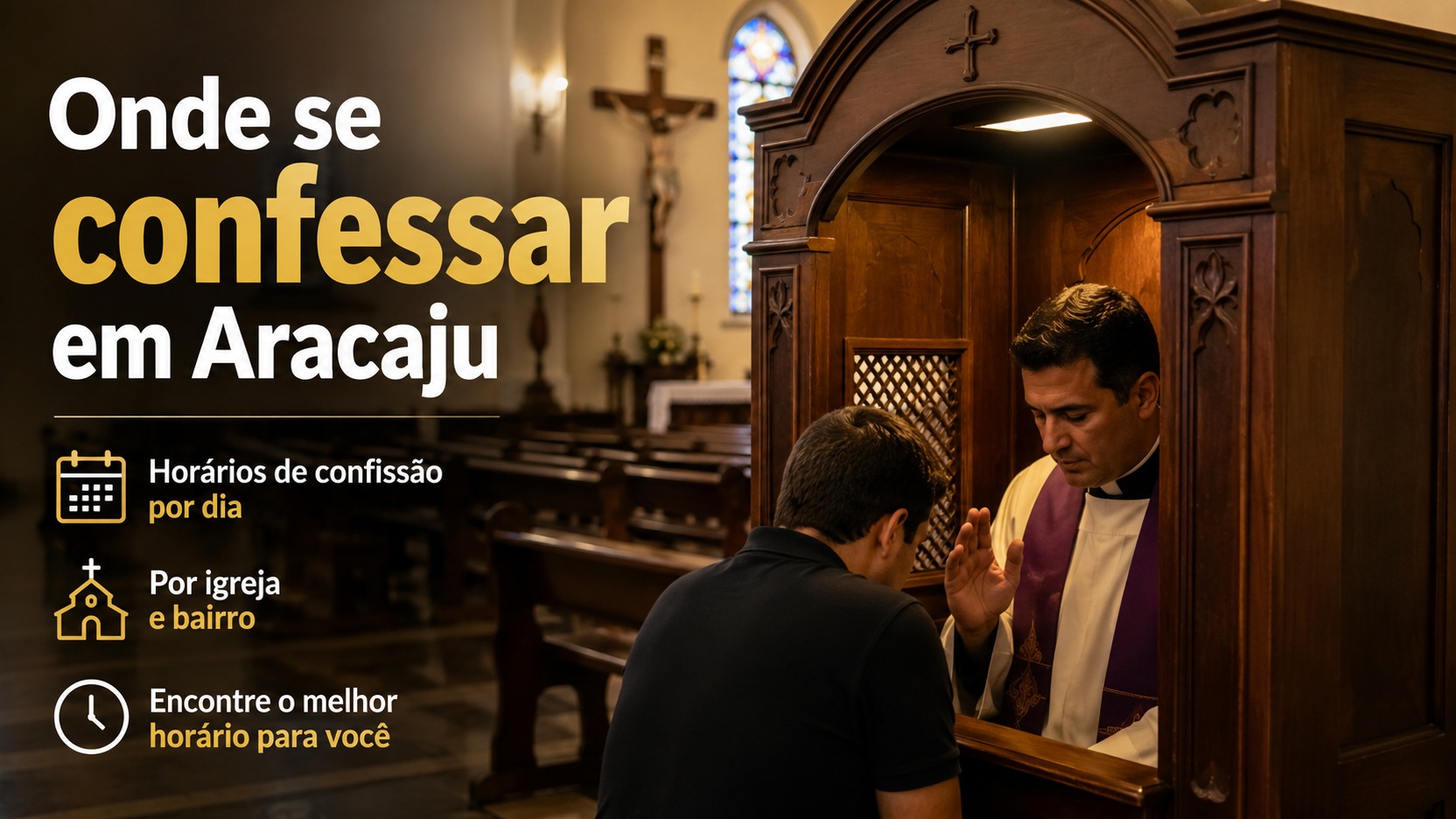 Interior de igreja com confessionário de madeira, sacerdote atendendo um fiel e texto indicando horários de confissão por dia, igreja e bairro em Aracaju.