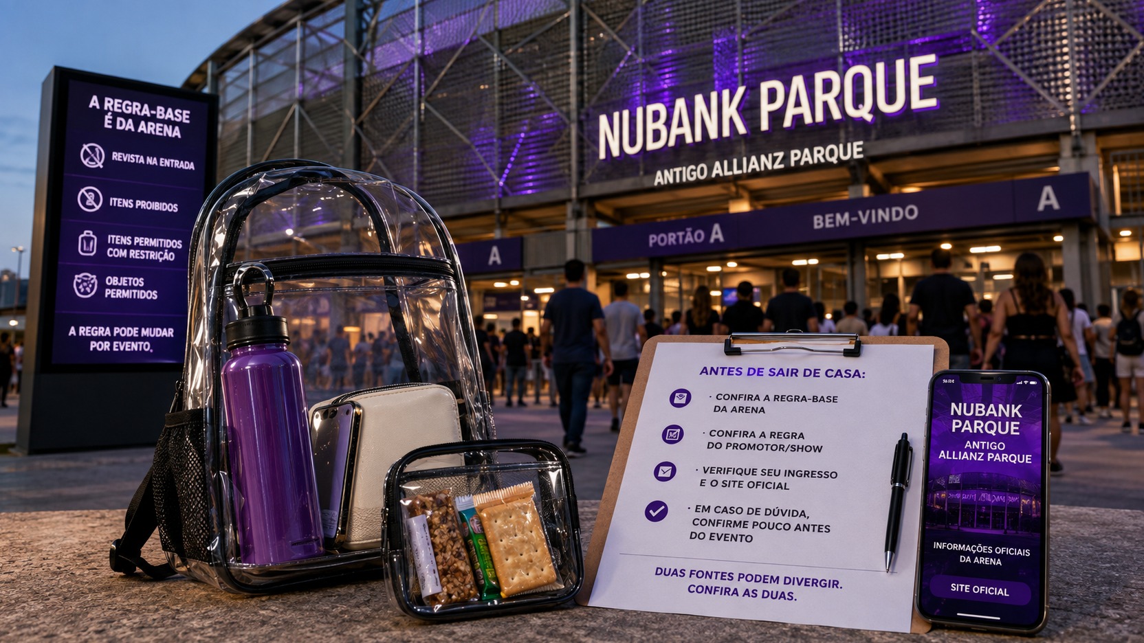 Entrada do Nubank Parque ao anoitecer, com público chegando, mochila transparente, garrafa, lanche, celular e prancheta de checagem em primeiro plano.