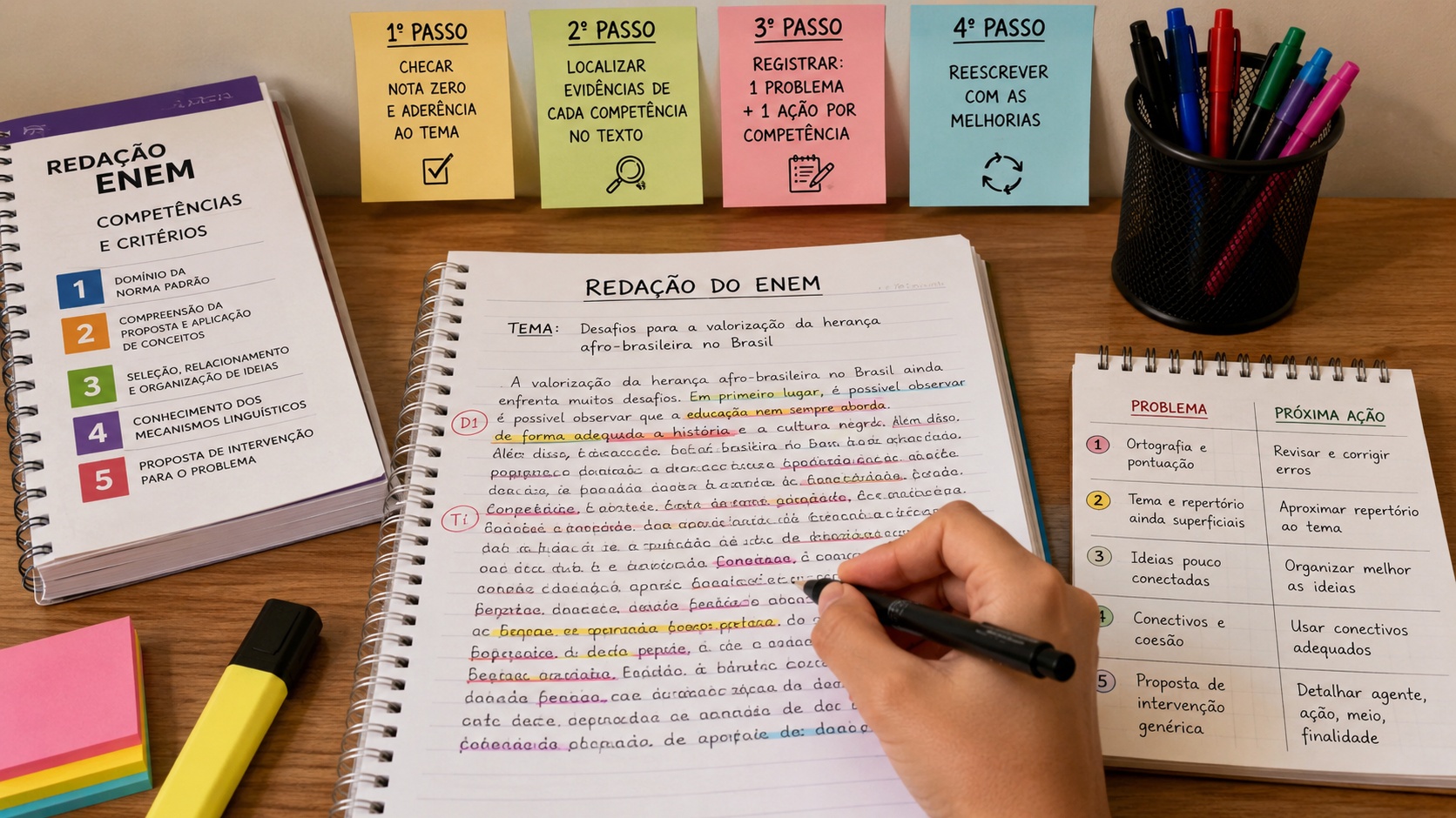 Mesa de estudos com redação do Enem aberta, guia das cinco competências, post-its com etapas de revisão e mão marcando o texto com caneta.