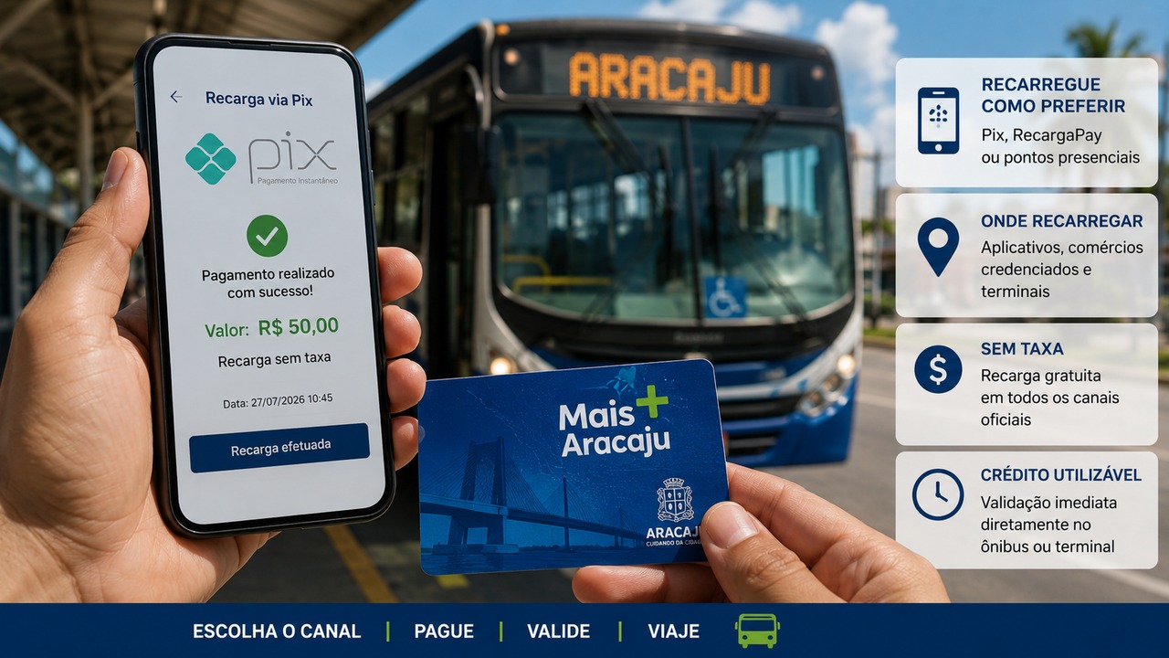 Mãos segurando um celular com recarga via Pix e um cartão Mais Aracaju diante de um ônibus, ao lado de painéis sobre canais, taxa e validação.