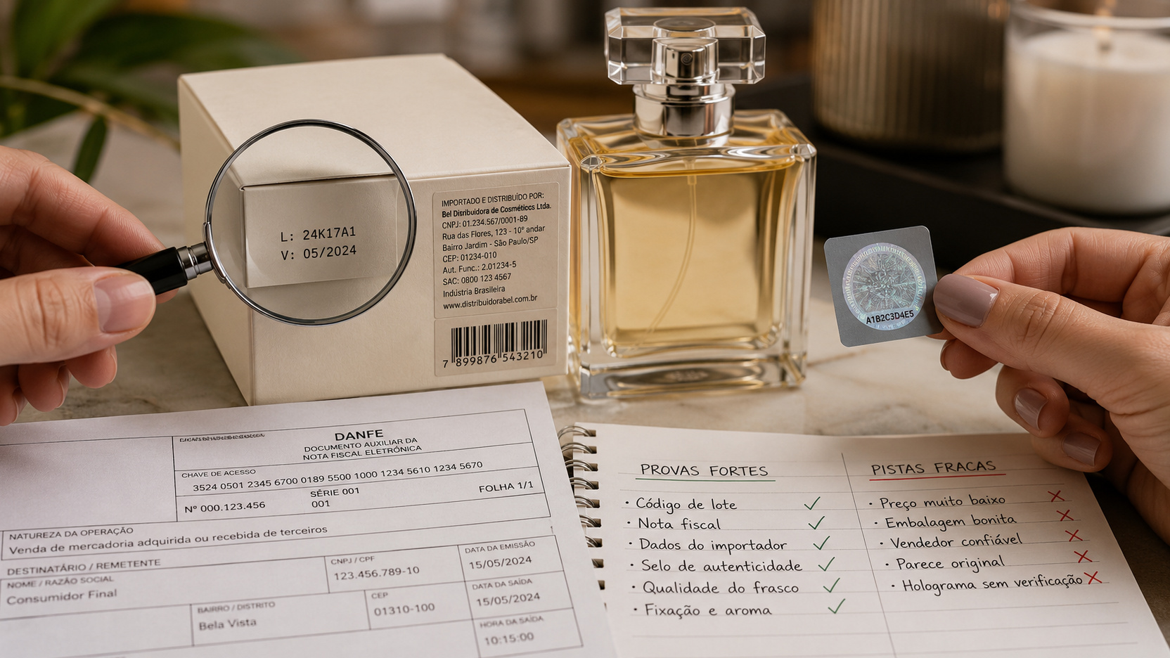 Mãos inspecionam caixa e frasco de perfume com lupa, código de lote, rótulo de importador, nota fiscal e selo holográfico sobre uma mesa.