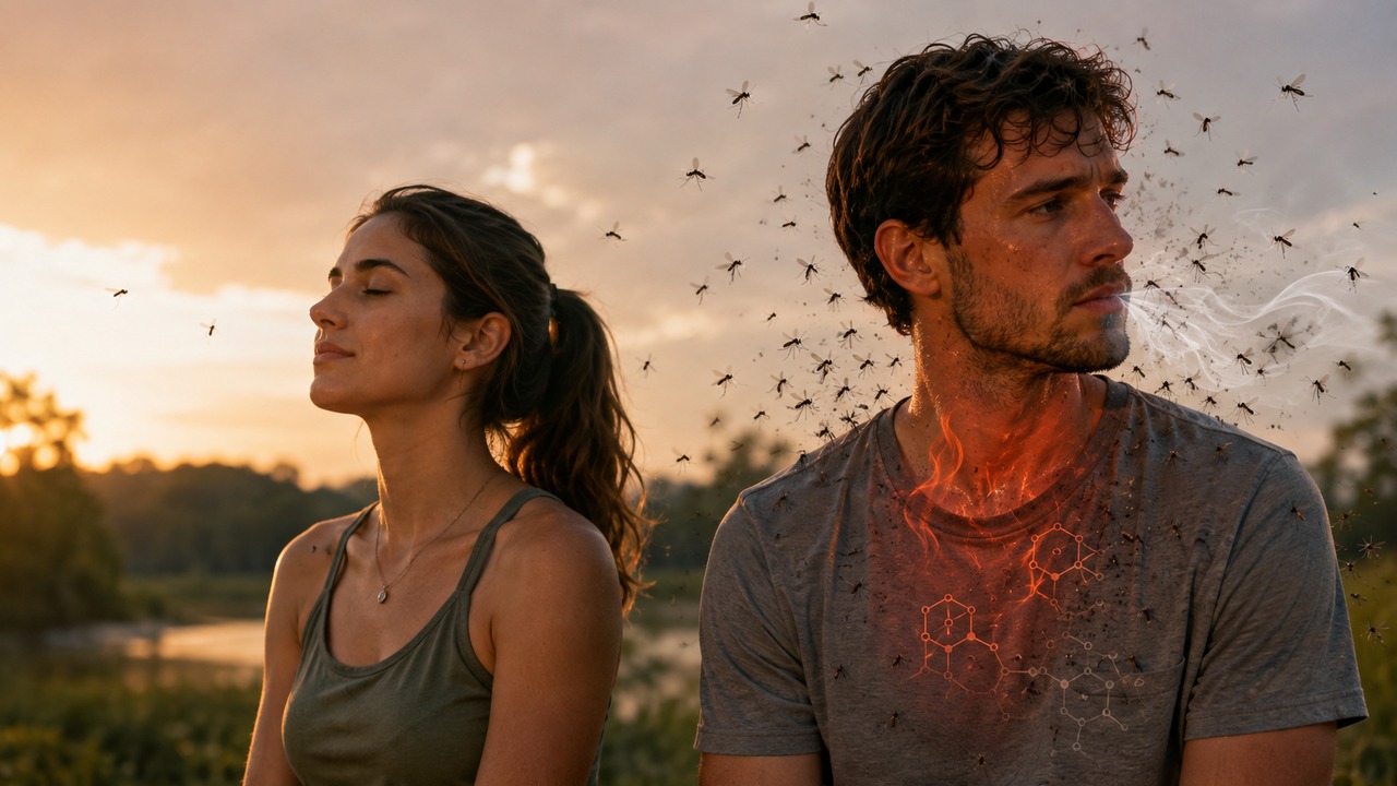 Duas pessoas ao ar livre ao entardecer; muitos mosquitos se concentram ao redor de um homem, enquanto uma mulher ao lado atrai poucos, com efeitos visuais sugerindo calor, respiração e compostos da pele.