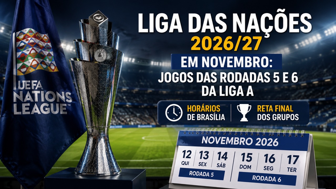 Arte de capa com troféu da Liga das Nações em estádio iluminado e calendário de 12 a 17 de novembro de 2026, destacando rodadas 5 e 6 da Liga A.