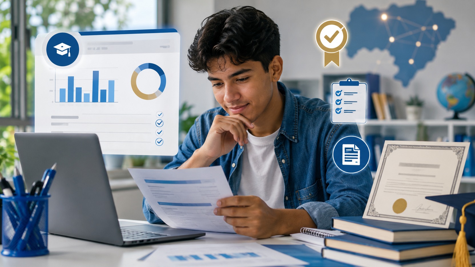 Estudante sentado à mesa analisa uma folha com resultados diante de um notebook, com gráficos, ícones de aprovação, livros e um certificado ao lado.