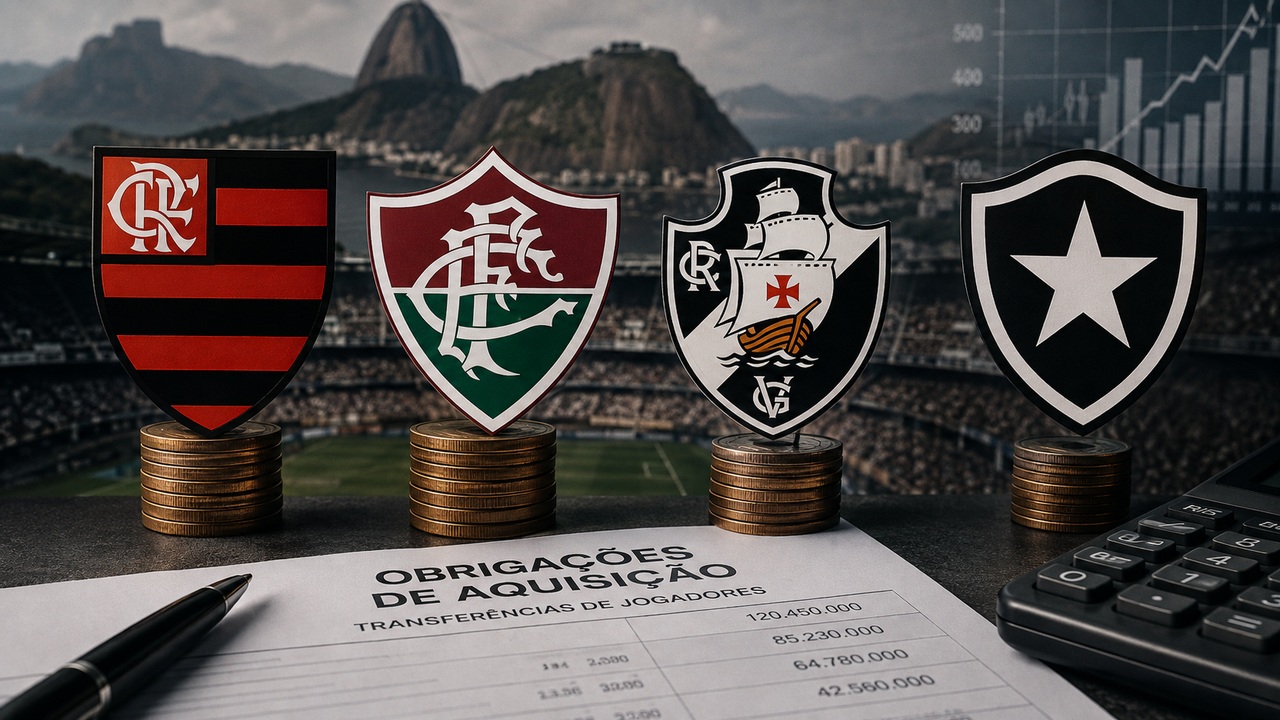 Composição financeira com os símbolos de Flamengo, Fluminense, Vasco e Botafogo sobre pilhas de moedas, diante de estádio e paisagem do Rio, com documento de obrigações de aquisição e calculadora em primeiro plano.